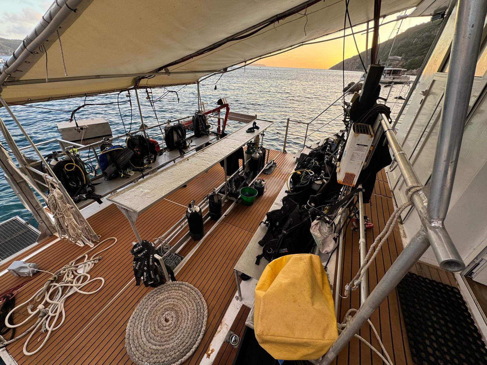 Dive equipment prepared on the working deck at Komiža